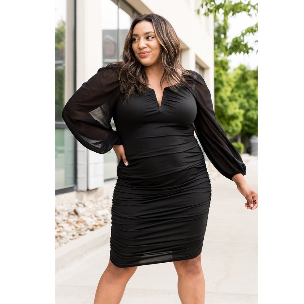 Black Plus Size Puffy Sleeve Ruched Bodycon Dress